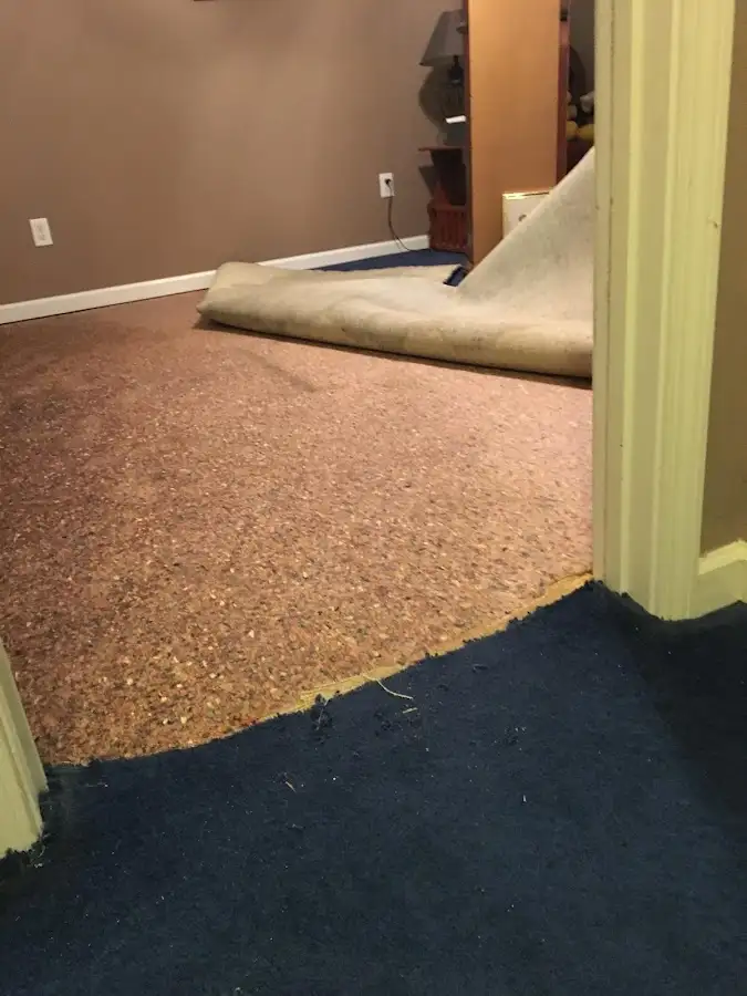 Carpet pad removal revealing water damage during Water Mitigation Services in Bulverde