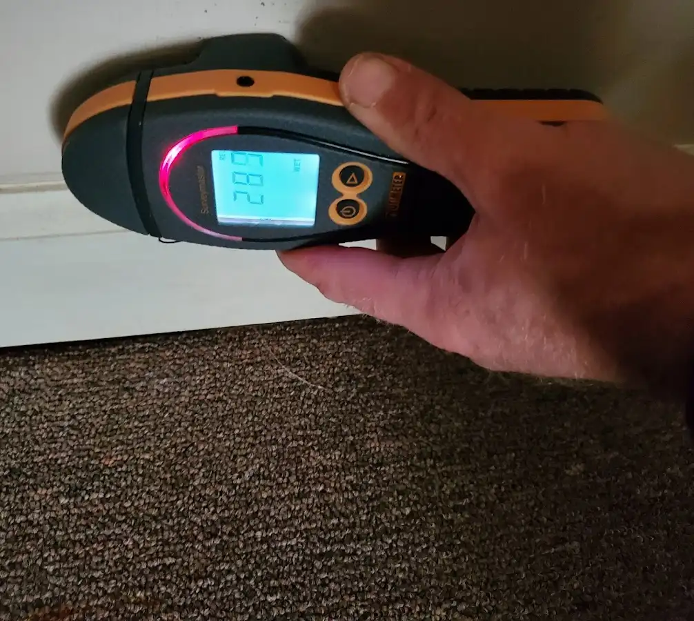 Moisture detection at baseboard during Storm Damage Restoration in Bulverde